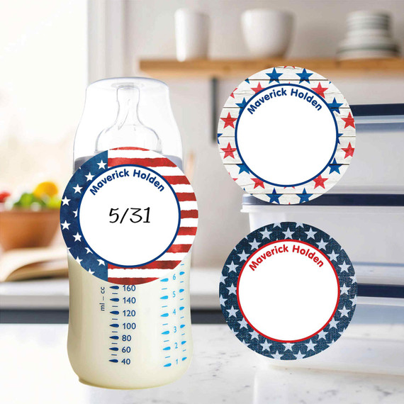 Stars and Stripes small round write-on labels — reusable waterproof daycare