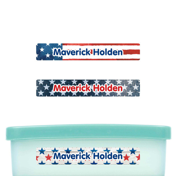 Stars and Stripes slim name stickers — waterproof stickers for water bottles and small containers