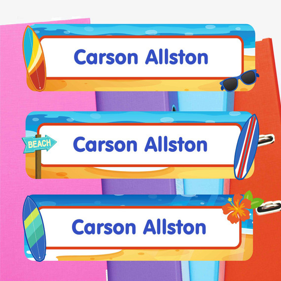 Surf's Up extra large waterproof name labels — name stickers for water bottles and school gear