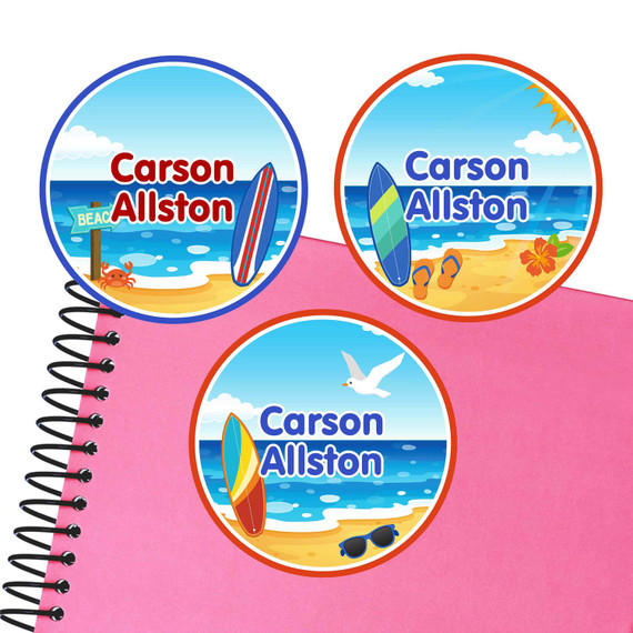 Surf's Up large round labels — waterproof name stickers for kids