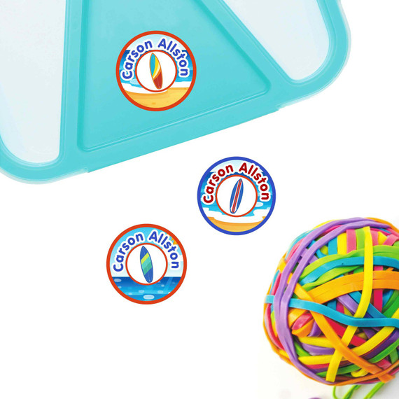 Surf's Up small round name labels — waterproof circle stickers for kids