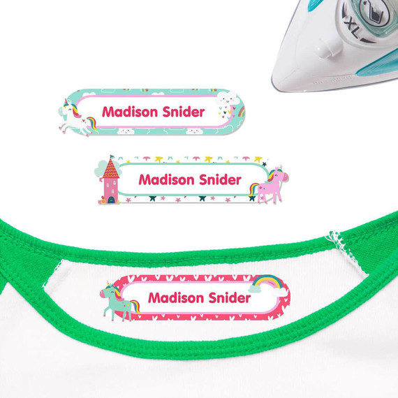 Magical Unicorns iron on nametags for clothes — personalized iron-on clothing labels for kids
