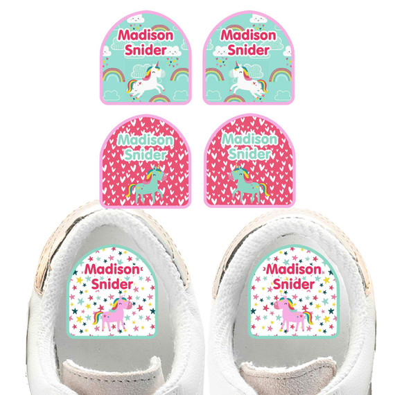 Magical Unicorns shoe name labels — personalized waterproof labels for shoes