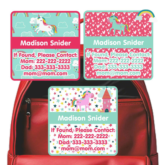 Magical Unicorns emergency contact labels — personalized phone number stickers for kids