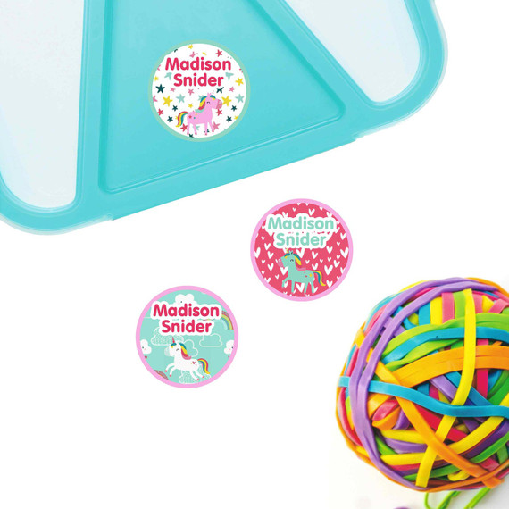 Magical Unicorns small round name labels — waterproof circle stickers for kids