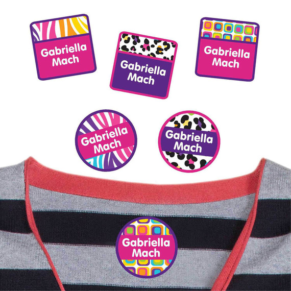 High-quality Animal Print Wild Thing clothing stickers on a t-shirt. Laundry-safe identification for daycare outfits.