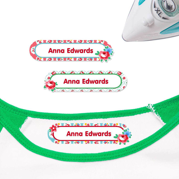 Garden Roses iron on nametags for clothes — personalized iron-on clothing labels for kids