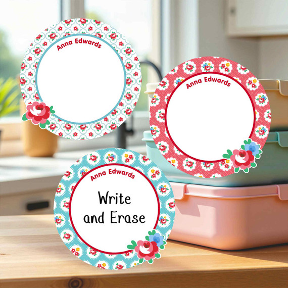Durable large round write-on labels rose design personalized name tags