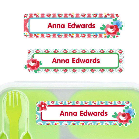 Garden Roses large rectangle name labels — waterproof sticker labels for school supplies and water bottles