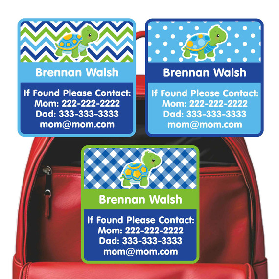 Turtles emergency contact labels — personalized phone number stickers for kids