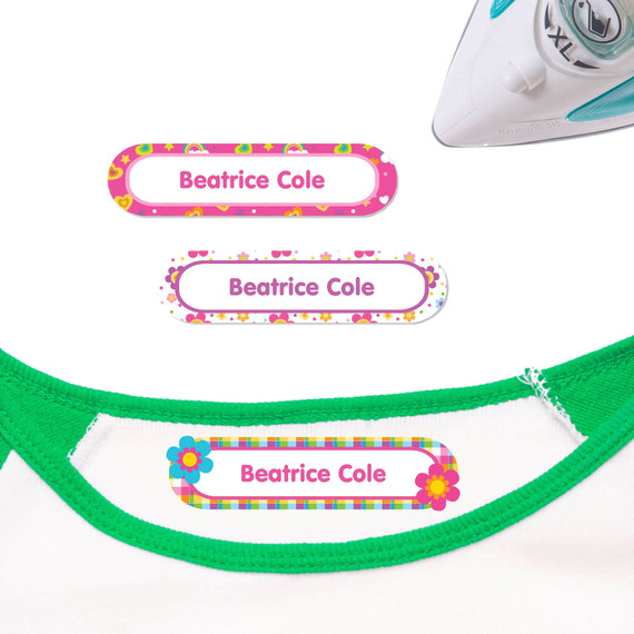 Flowers & Rainbows iron on nametags for clothes — personalized iron-on clothing labels for kids