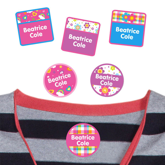 Flowers & Rainbows peel and stick clothing labels for kids — clothing stickers made to order