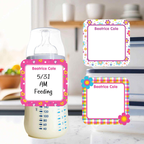 Flowers & Rainbows small square write-on labels — reusable waterproof daycare