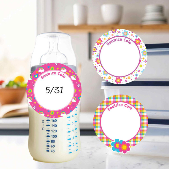 Flowers & Rainbows small round write-on labels — reusable waterproof daycare