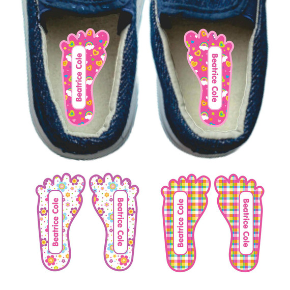 Flowers & Rainbows foot labels for shoes — left and right foot-shaped shoe stickers