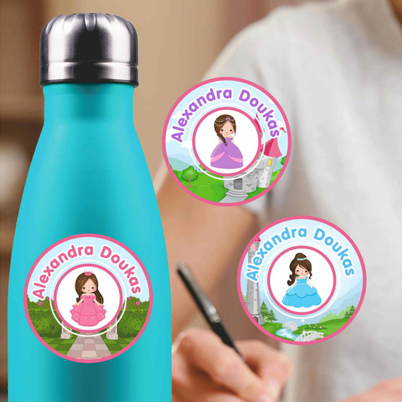Enchanted Princess medium round labels — waterproof circle name stickers for kids