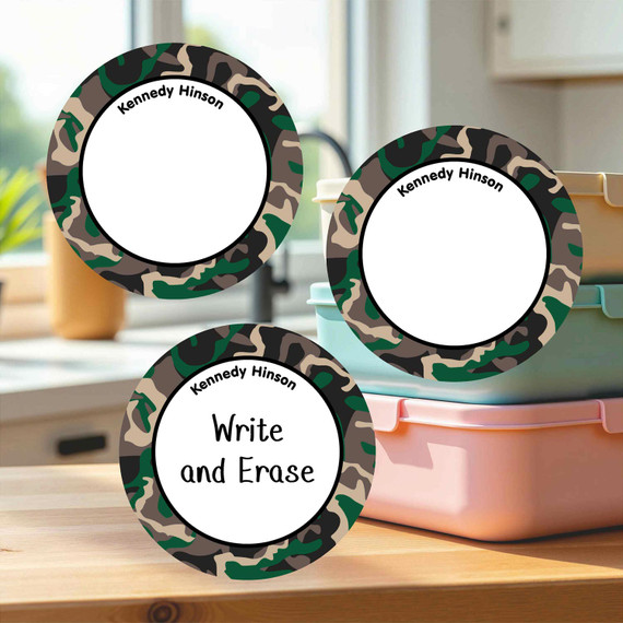 Eco-friendly large round write-on labels camo design personalized name tags