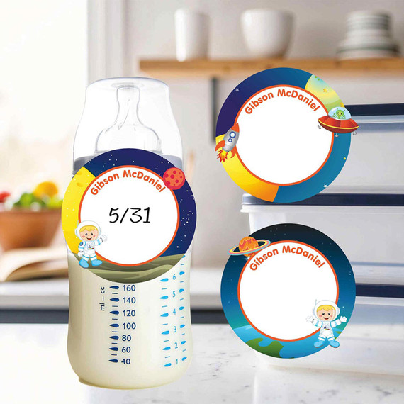 Astronaut Boy or Girl small round write-on labels — reusable waterproof daycare