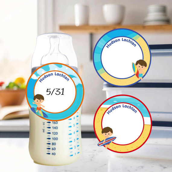 Beach (Boy/Girl) small round write-on labels — reusable waterproof daycare