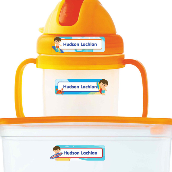 Beach (Boy/Girl) extra small waterproof name stickers — mini sticker labels for small items and gear