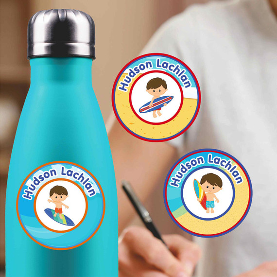Beach (Boy/Girl) medium round labels — waterproof circle name stickers for kids