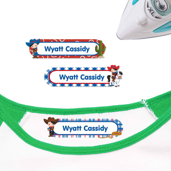 Cowboy & Cowgirl iron on nametags for clothes — personalized iron-on clothing labels for kids