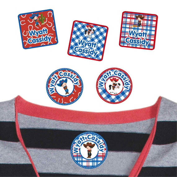 Cowboy & Cowgirl peel and stick clothing labels for kids — clothing stickers made to order