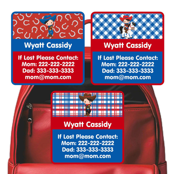 Cowboy & Cowgirl emergency contact labels — personalized phone number stickers for kids