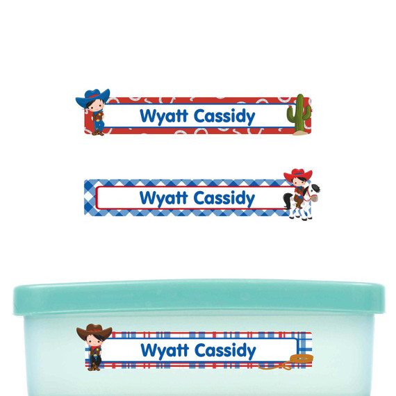 Cowboy & Cowgirl slim name stickers — waterproof stickers for water bottles and small containers