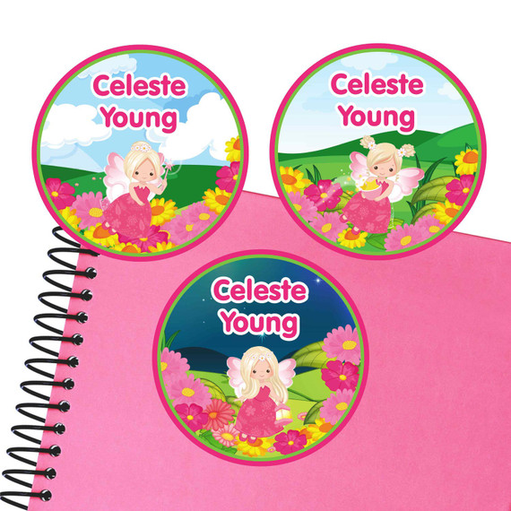 Fairies large round labels — waterproof name stickers for kids