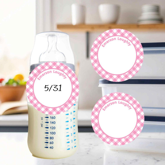 Gingham small round write-on labels — reusable waterproof daycare