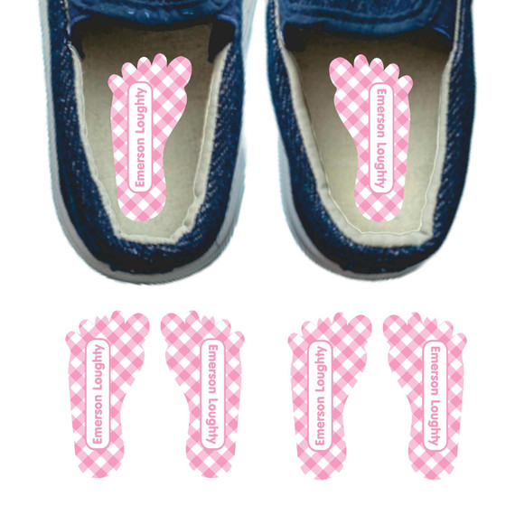 Gingham left right foot-shaped shoe labels for children Gingham left right foot-shaped shoe labels for children