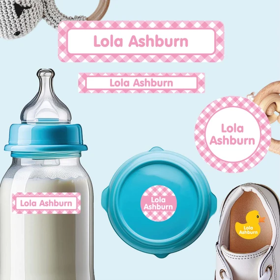 Gingham waterproof infant labels — baby daycare labels on bottles, sippy cups and containers