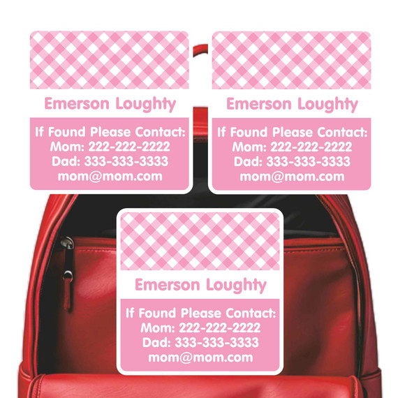 Gingham emergency contact tag with gingham check pattern