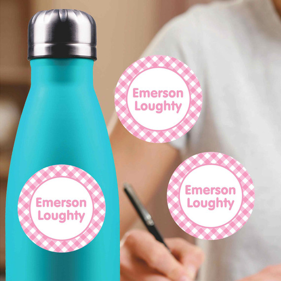 Gingham medium round labels — waterproof circle name stickers for kids