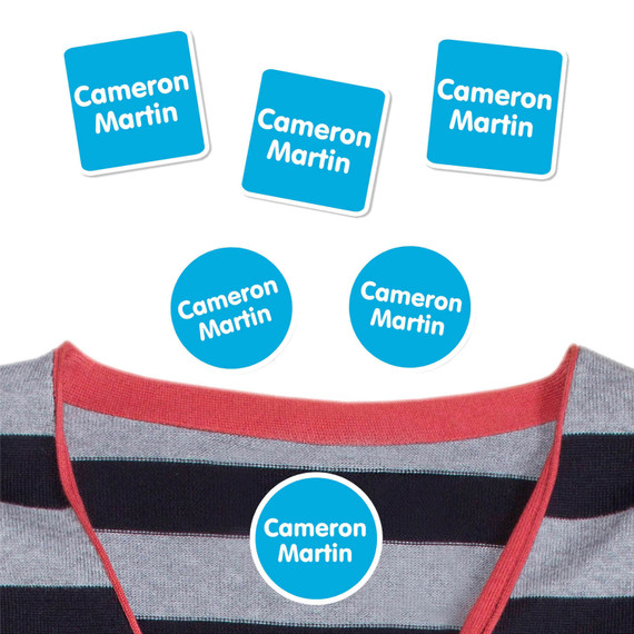 Durable camp clothing labels stick on for Solids labels shown on a t-shirt. High-quality tags that stay stuck through every wash.