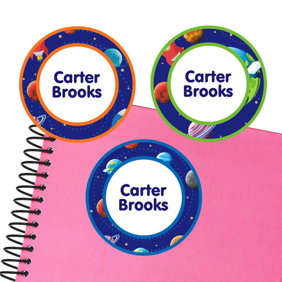 Cosmic Planets large round labels — waterproof name stickers for kids
