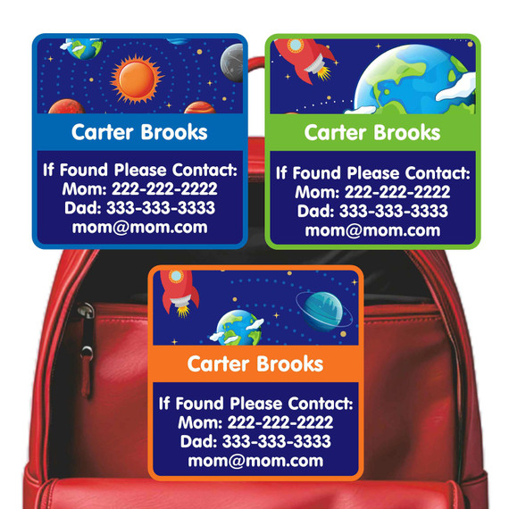 Cosmic Planets emergency contact labels — personalized phone number stickers for kids