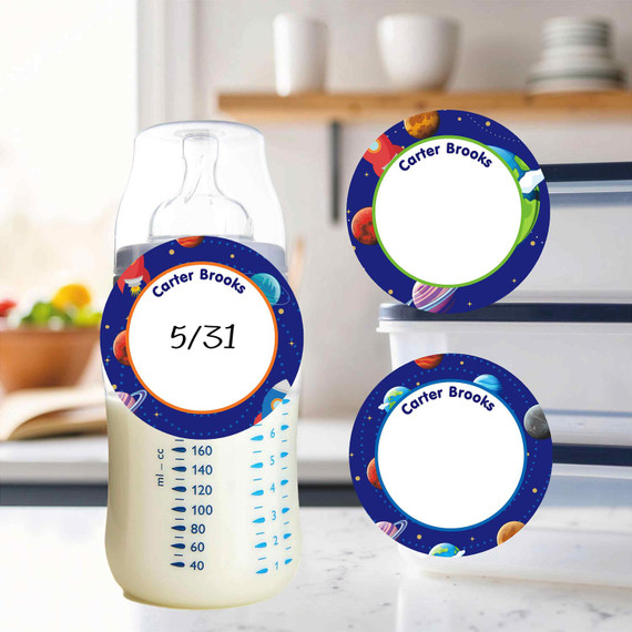 Cosmic Planets small round write-on labels — reusable waterproof daycare