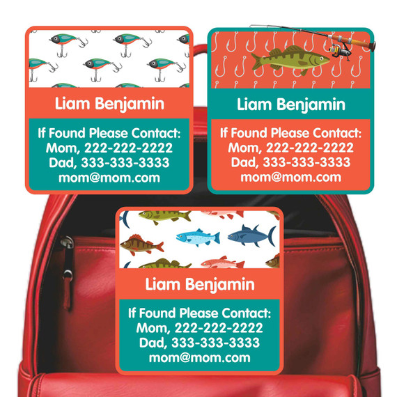 Fishing emergency contact stickers with fishing pole and lures Fishing emergency contact stickers with fishing pole and lures