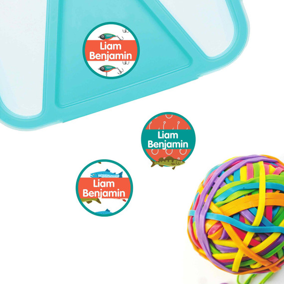Fishing small round name labels — waterproof circle stickers for kids