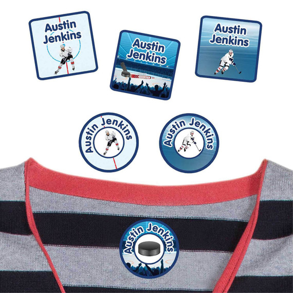 Hockey peel and stick clothing labels for kids — clothing stickers made to order