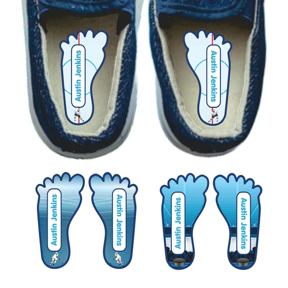 Hockey foot labels for shoes — left and right foot-shaped shoe stickers