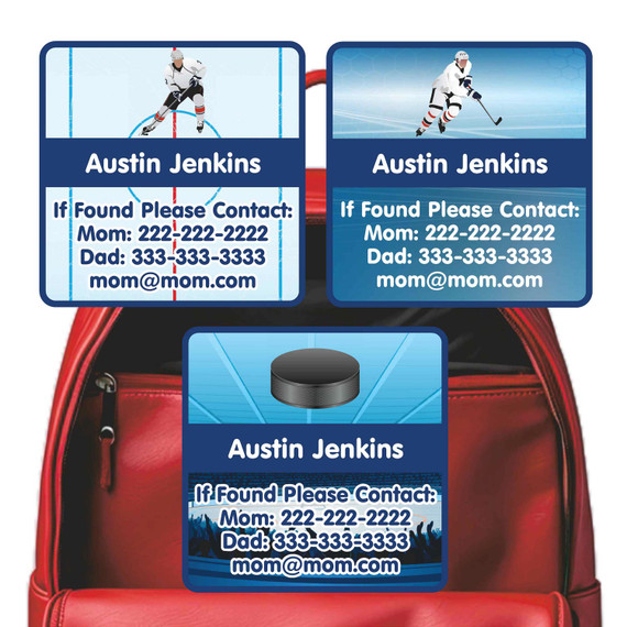 Hockey emergency contact labels — personalized phone number stickers for kids