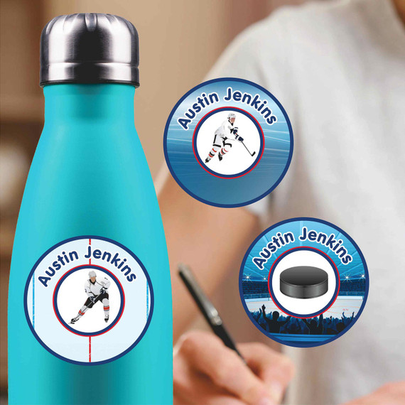 Hockey medium round labels — waterproof circle name stickers for kids