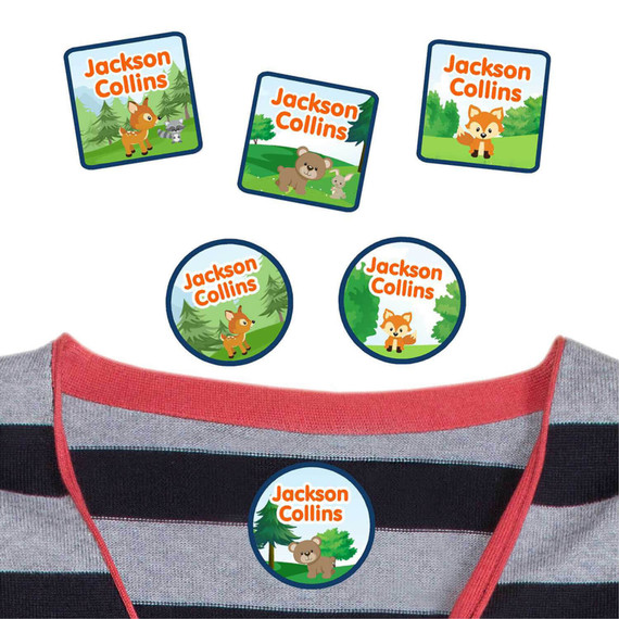 Forest Friends peel and stick clothing labels for kids — clothing stickers made to order