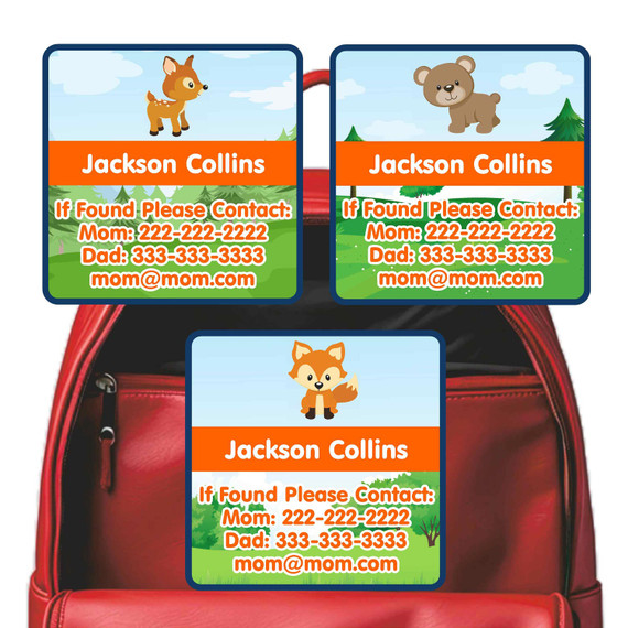 Forest Friends emergency contact labels — personalized phone number stickers for kids