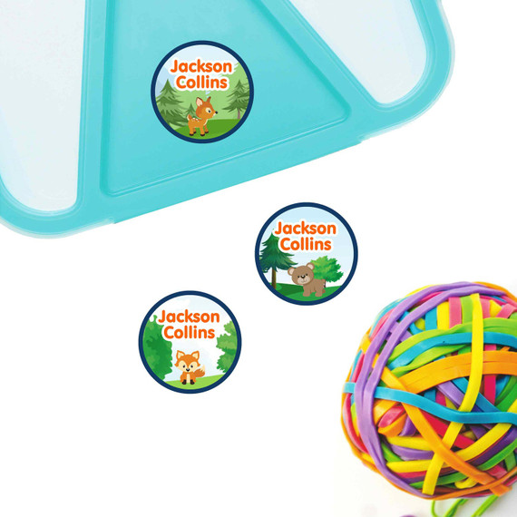 Forest Friends small round name labels — waterproof circle stickers for kids