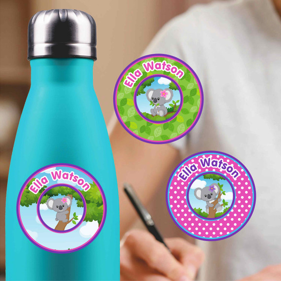 Koalas medium round labels — waterproof circle name stickers for kids