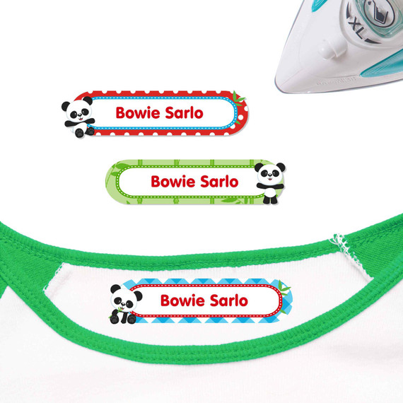 Durable Pandas iron on labels. High-quality tags that stay stuck through laundry day.